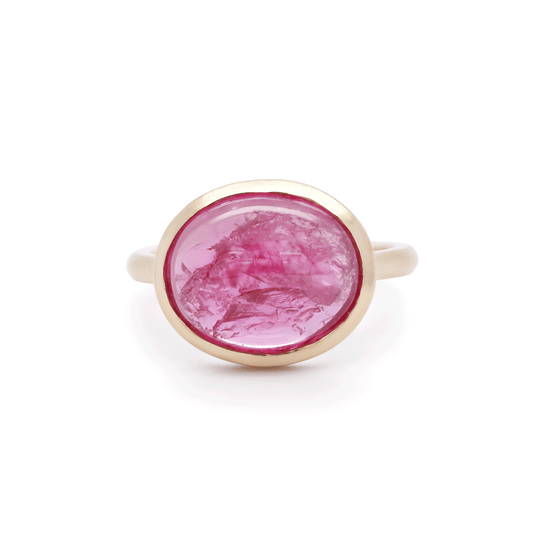 18k yellow gold ruby cabochon solitaire ring, front view