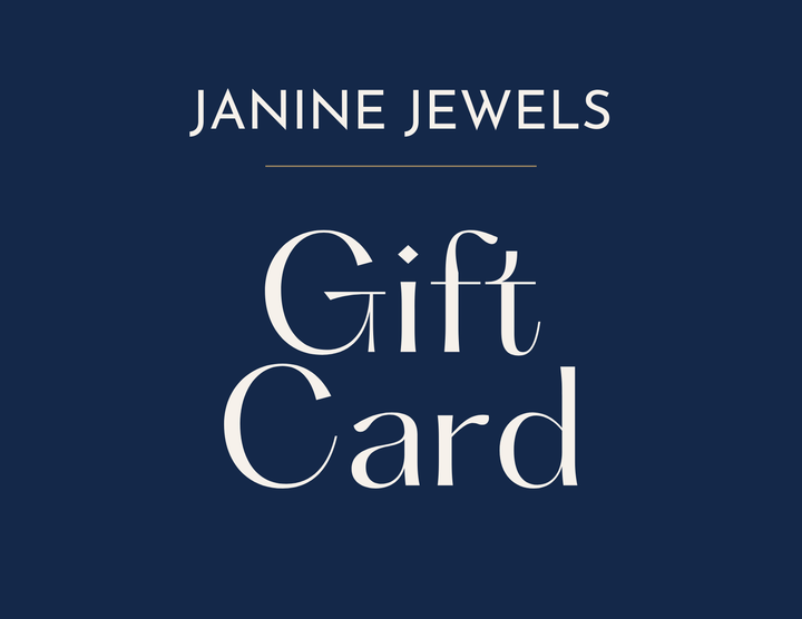 Blue image with white text saying gift card and Janine Jewels.