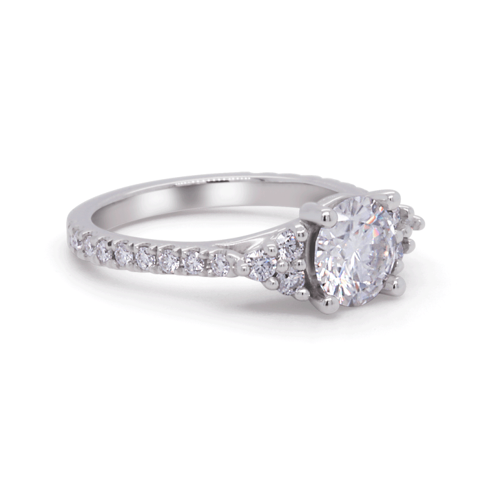 Elegant moissanite engagement ring with a classic round cut stone in a platinum setting. Side view of ring