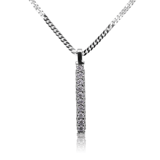 Twenty-eight round moissanite stones pave-set in a three-sided platinum bar pendant, suspended on a sleek flat silver Cuban link chain. (White background). Front View