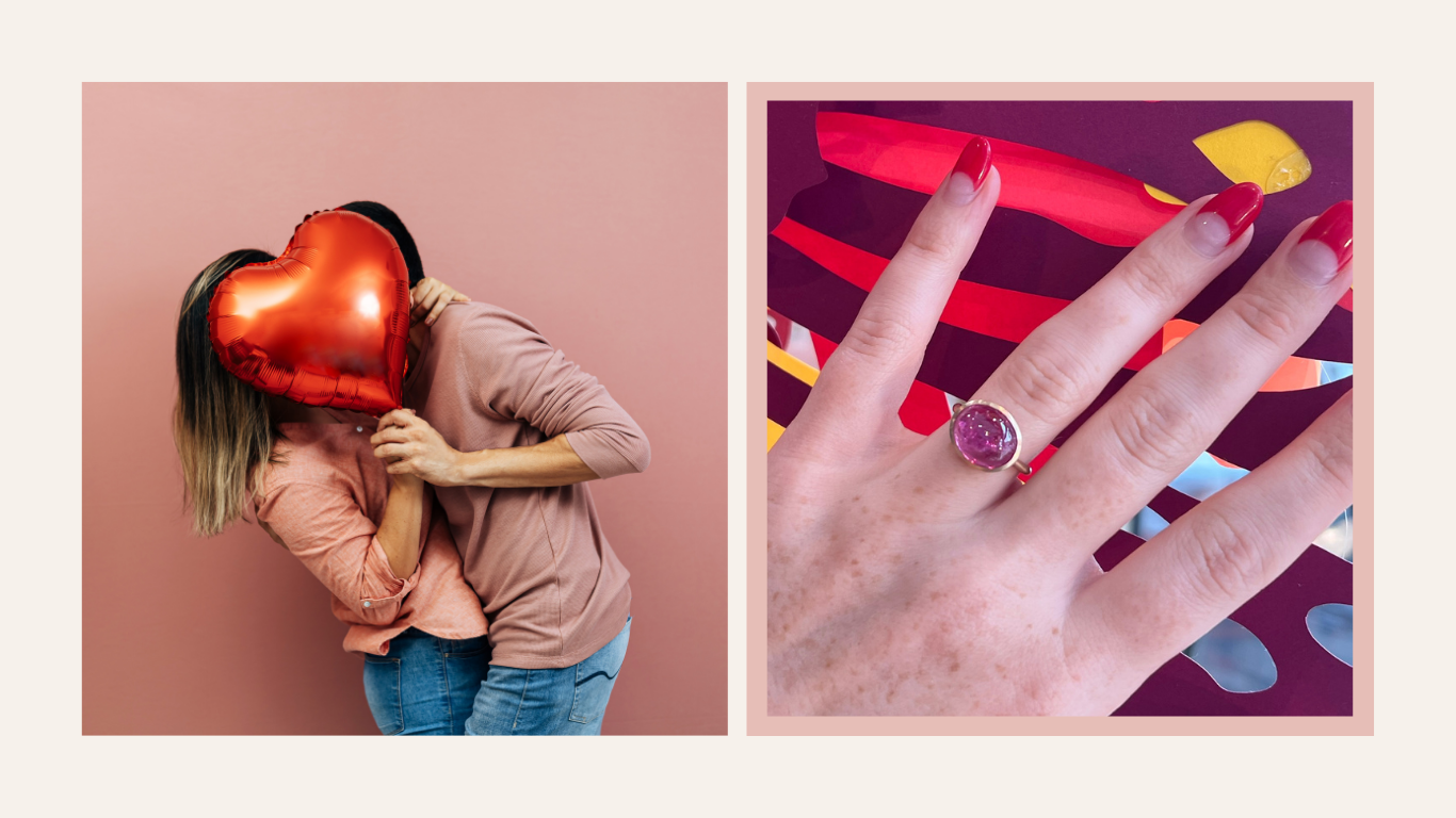 A romantic Valentine’s Day-themed image featuring two people hiding behind a red heart-shaped balloon on the left, symbolizing love and playfulness. On the right, a close-up of a hand wearing a bold pink gemstone ring with red and pink abstract background details, showcasing a unique and vibrant jewellery design